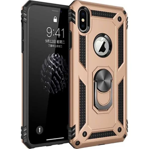 Apple iPhone X Kılıf Yüzüklü Standlı Tank Silikon - Gold +  Nano Cam