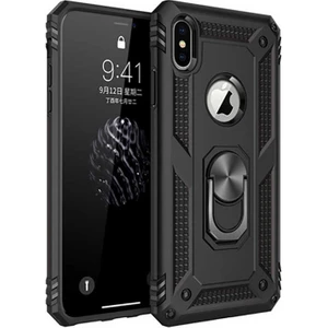 Apple iPhone X Kılıf Yüzüklü Standlı Tank Silikon - Siyah +  Nano Cam