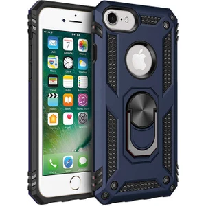 Apple iPhone X Kılıf Yüzüklü Standlı Tank Silikon - Lacivert +  Nano Cam
