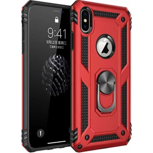 Apple iPhone X Kılıf Yüzüklü Standlı Tank Silikon - Kırmızı +  Nano Cam