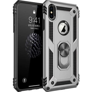 Apple iPhone X Kılıf Yüzüklü Standlı Tank Silikon - Gri +  Nano Cam
