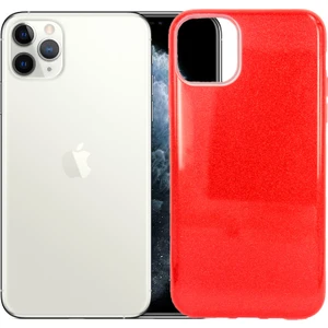Case 4U Apple iPhone 11 Pro Max Kılıf Çift Katmanlı Simli Shining Sert Silikon Arka Kapak Kırmızı