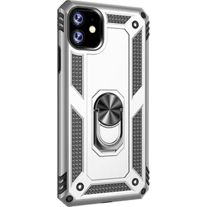 Case Street Apple iPhone 11 Kılıf Çift Katmanlı Yüzüklü Tank Vega Koruma Gümüş
