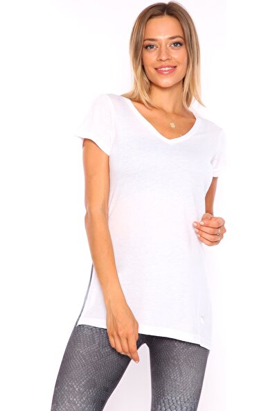 Superstacy V Yaka Yırtmaçlı Tunik Kadın Beyaz Tişört