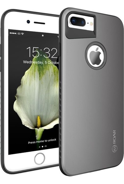 DVR Apple iPhone 7 Plus Kılıf Roar Rico Hybrit Çift Katman Darbe Korumalı + Nano Cam Ekran Koruyucu Gri