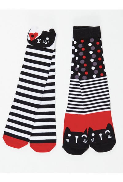 Mushi Kız Çocuk Çizgili Kediler Kız Dizaltı Çorap 2'Li