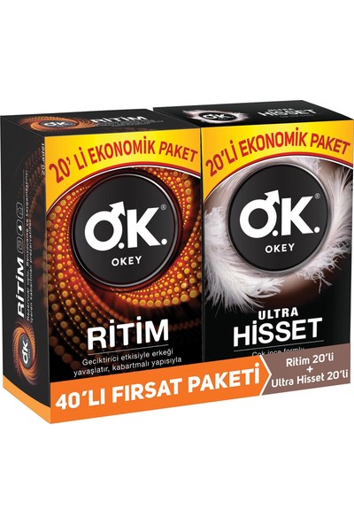 Okey Ritim 20’li + Okey Ultra Hisset 20’li Prezervatif Fırsat Paketi (40 Prezervatif)