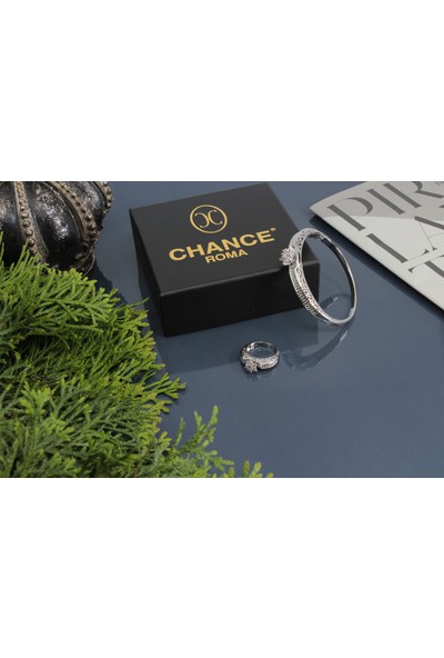 Chance Roma Jewellery Chanceroma™ - Queen / Kraliçe Set - Italyan Moda Tasarımpırlanta Montür Zirkon Taşlı Gümüş Rengi 18 Ayar Altın Kaplama Tektaş Alyans Yüzükkelepçe Bilezik Bileklik Set