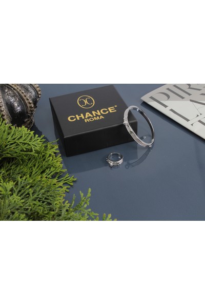 Chance Roma Jewellery Chanceroma™ - Elegante / Şık Set - Italyanmoda Tasarım Pırlanta Montür Zirkon Taşlı Gümüş Rengi 18 Ayar Altın Kaplama Kilit Alyans Yüzük Kelepçe Bilezik Bileklik Set