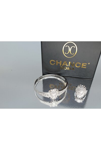 Chance Roma Jewellery Chanceroma™ - Lioness Set / Aslan Set - Italyanmoda Tasarım Pırlanta Montür Zirkon Taşlı Gümüş Rengi 18 Ayar Altın Kaplama Alyans Yüzük Kelepçe Bilezik Bileklik Set