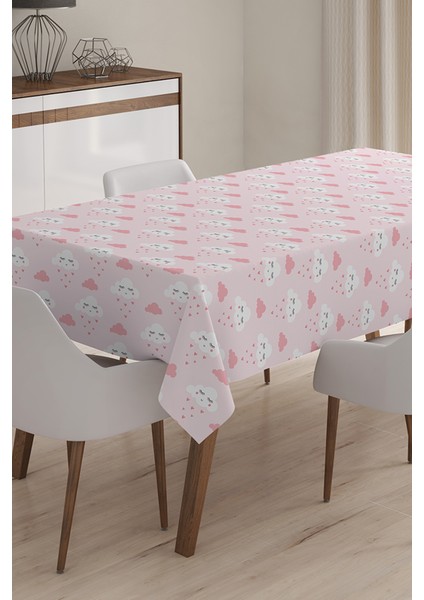 Pembe Bulut Resimli Dijital Baskılı 3D Masa Örtüsü - 140 x 180 cm