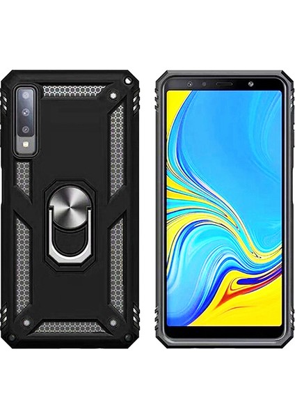 Galaxy A7 2018 Kılıf Zırh Koruma Yüzüklü Standlı Armor Silikon Kapak Siyah