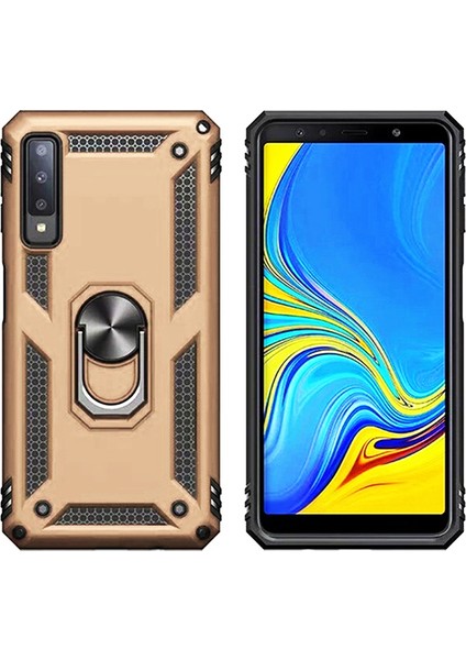 Galaxy A7 2018 Kılıf Zırh Koruma Yüzüklü Standlı Armor Silikon Kapak Gold