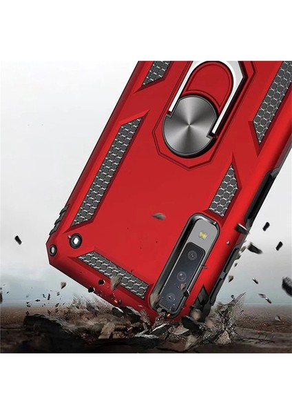 Galaxy A7 2018 Kılıf Zırh Koruma Yüzüklü Standlı Armor Silikon Kapak Kırmızı