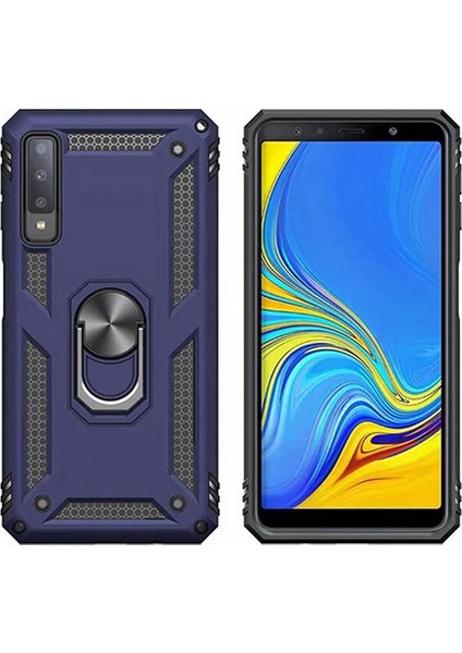 Galaxy A7 2018 Kılıf Zırh Koruma Yüzüklü Standlı Armor Silikon Kapak Mavi