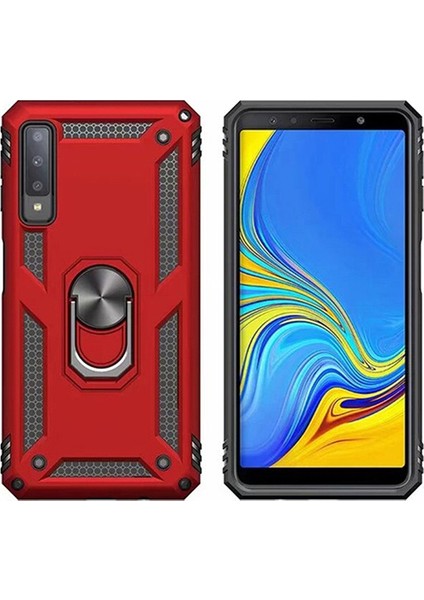 Galaxy A7 2018 Kılıf Zırh Koruma Yüzüklü Standlı Armor Silikon Kapak + Ekran Koruma Kırmızı