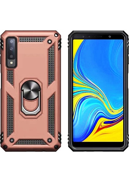 Galaxy A7 2018 Kılıf Zırh Koruma Yüzüklü Standlı Armor Silikon Kapak + Ekran Koruma Rose Gold