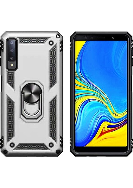 Galaxy A7 2018 Kılıf Zırh Koruma Yüzüklü Standlı Armor Silikon Kapak + Ekran Koruma Gri