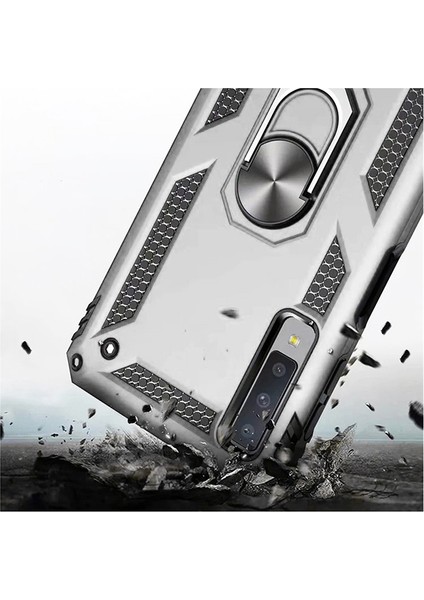 Galaxy A7 2018 Kılıf Zırh Koruma Yüzüklü Standlı Armor Silikon Kapak + Ekran Koruma Gri modelleri