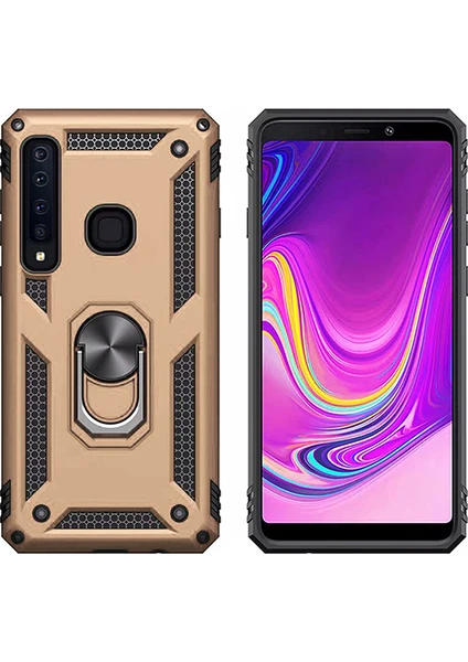 Galaxy A9 2018 Kılıf Zırh Koruma Yüzüklü Standlı Armor Silikon Kapak Gold