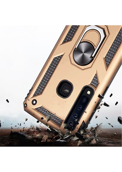 Galaxy A9 2018 Kılıf Zırh Koruma Yüzüklü Standlı Armor Silikon Kapak Gold