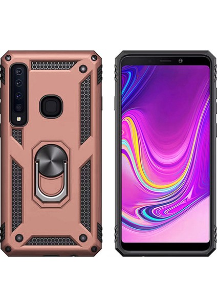 Galaxy A9 2018 Kılıf Zırh Koruma Yüzüklü Standlı Armor Silikon Kapak Rose Gold