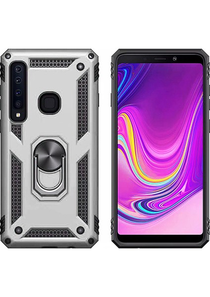 Galaxy A9 2018 Kılıf Zırh Koruma Yüzüklü Standlı Armor Silikon Kapak Gri