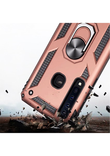 Galaxy A9 2018 Kılıf Zırh Koruma Yüzüklü Standlı Armor Silikon Kapak + Nano Ekran Koruma Rose Gold