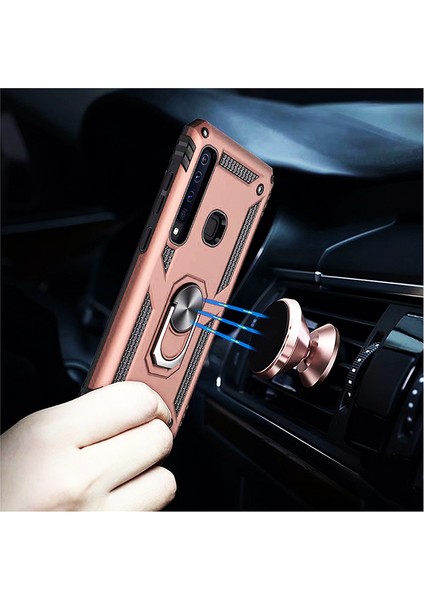 Galaxy A9 2018 Kılıf Zırh Koruma Yüzüklü Standlı Armor Silikon Kapak + Nano Ekran Koruma Rose Gold