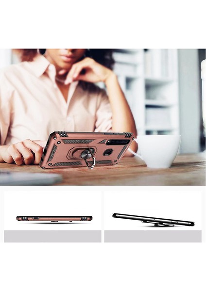 Galaxy A9 2018 Kılıf Zırh Koruma Yüzüklü Standlı Armor Silikon Kapak + Nano Ekran Koruma Rose Gold
