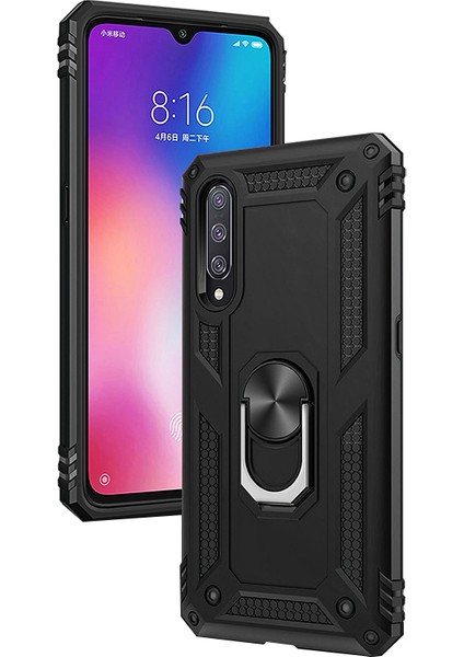 Xiaomi Mi 9 Kılıf Zırh Koruma Yüzüklü Standlı Armor Silikon Kapak + Nano Ekran Koruma Siyah