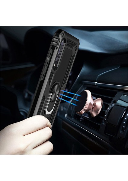 Xiaomi Mi 9 Kılıf Zırh Koruma Yüzüklü Standlı Armor Silikon Kapak + Nano Ekran Koruma Siyah fırsatları