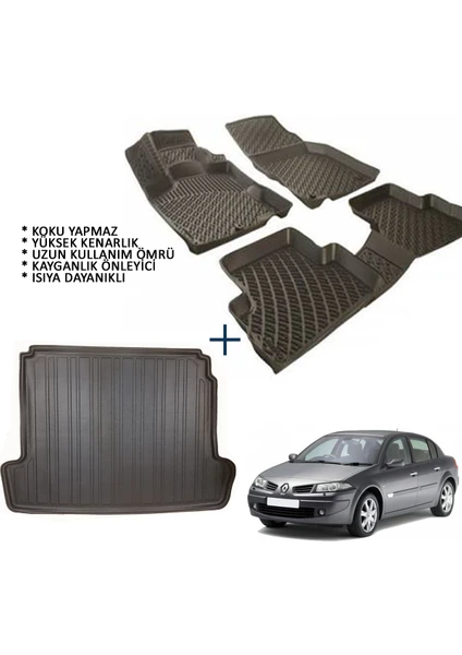 Renault Megane 2 Sedan 3D Havuzlu Oto Paspas ve 3D Bagaj Havuzu (2004-2009)