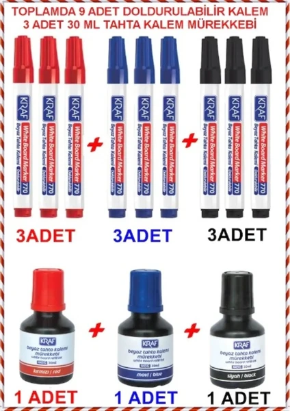 Doldurulabilir Tahta Kalemi(770) 3 Siyah + 3 Mavi+ 3 Kırmızı  ve 1 Siyah + 1 Mavi +1 Kırmızı 30 ml Mürekkep(445G)