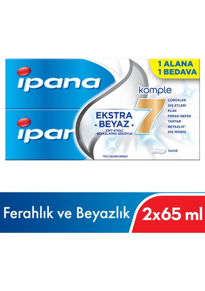 Ipana Komple Bakım Diş Macunu + Ferahlık ve Beyazlık Ağız Bakım Suyu 1 Alana 1 Bedava Paketi (65 ml + 65 ml)