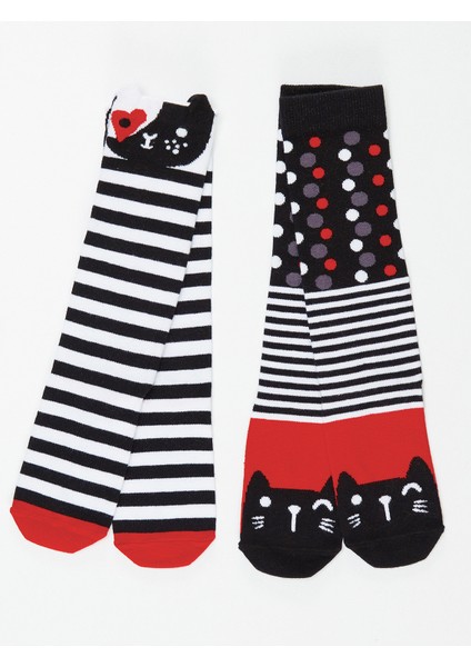 Kız Çocuk Çizgili Kediler Kız Dizaltı Çorap 2'Li
