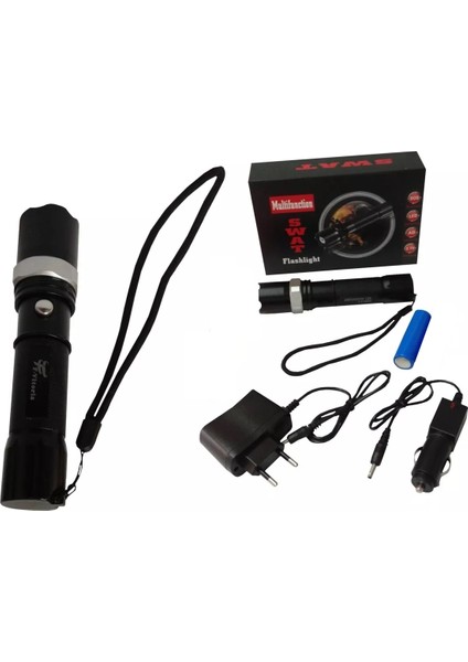 Swat KM-110 Profesyonel Şarjlı El Feneri Ledli+Flashlight+Zoom Özellikli+Tüfek Aparatı 6 Parça Full Set