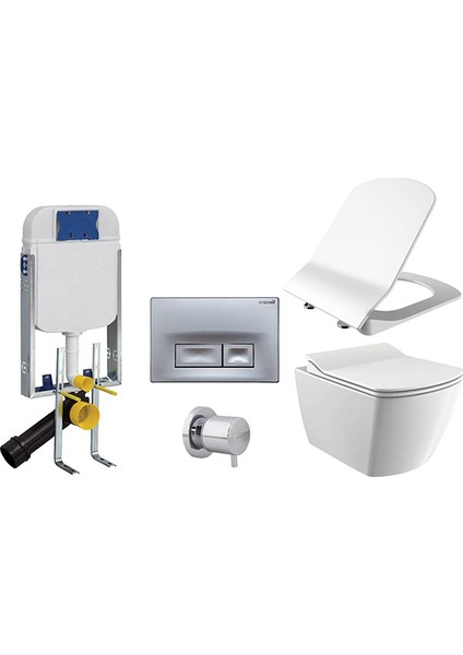 Gömme Rezervuar GR5001 + Mat Buton + AC50L Stop Valf Creavit Elegant Rım-Off Asma Klozet ve Creavit Elegant Amortisörlü Kapak EG321 KC5030