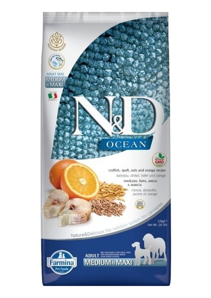 Düşük Tahıllı Ocean Morina Balıklı Portakallı Yetişkin Köpek Maması 12 kg