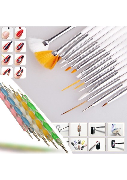 Ecoform 20 Parça Nail Art Tırnak Süsleme Desen Fırçası ve Dot Kalem Seti Beyaz Renk