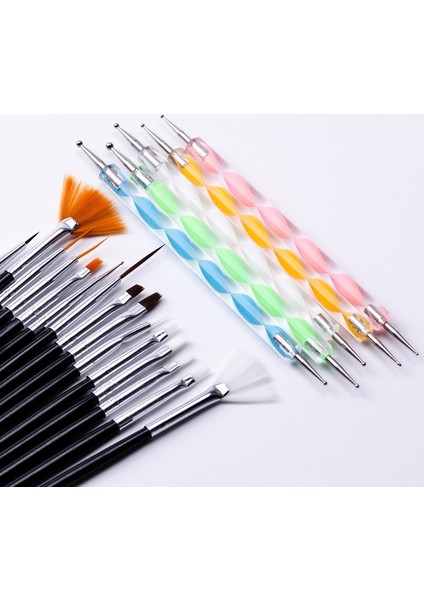 Ecoform 20 Parça Nail Art Tırnak Süsleme Desen Fırçası ve Dot Kalem Seti Siyah Renk