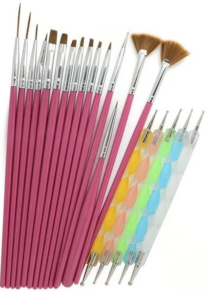 Ecoform 20 Parça Nail Art Tırnak Süsleme Desen Fırçası ve Dot Kalem Seti Gül Kırmızı Renk