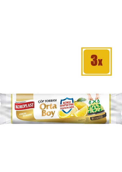 Limon Kokulu Büzgülü Orta Boy Çöp Torbası 20' li 3'lü Set