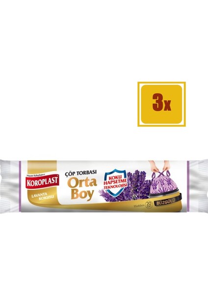 20' li Lavanta Kokulu Büzgülü Orta Boy Çöp Torbası 3'lü Set