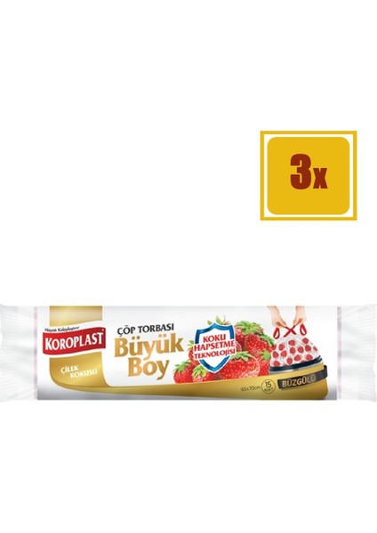 15' li Çilek Kokulu Büzgülü Büyük Boy Çöp Torbası 3'lü Set