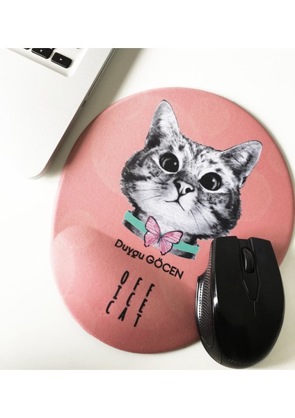 Office Küp Bilek Destekli Mouse Pad Pembe Meraklı Kedi