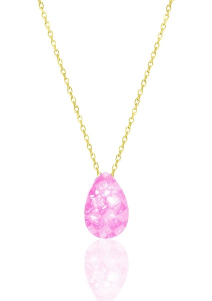 Pembe Kristal Damla Kolye -14K Altın Kpl.