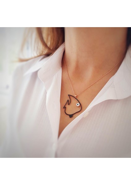 Nazarlı Siyah Taşlı Balık Kolye -Rose fiyatları