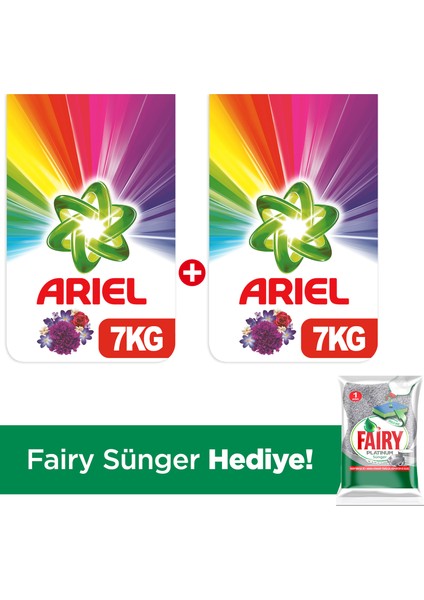 Toz Çamaşır Deterjanı Mor Çiçekler 7 kg +7 kg + Fairy Platinum Sünger Hediye