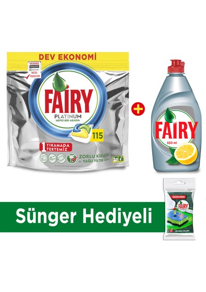 Platinum 115 Yıkama + Fairy Platinum 650 ml Sıvı + Sünger